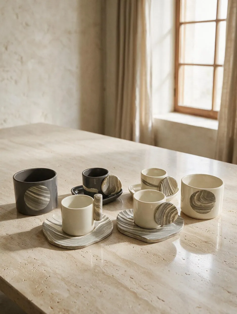 Stone Collection — traverten masa üzerinde el yapımı stoneware kahve seti, sert gün ışığı
