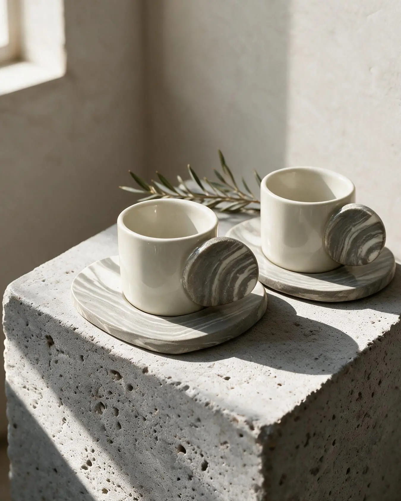 Stone Yuvarlak Kulplu Taş Tabaklı Beyaz Türk Kahvesi Fincanı 2'li — Stone koleksiyonu, stoneware